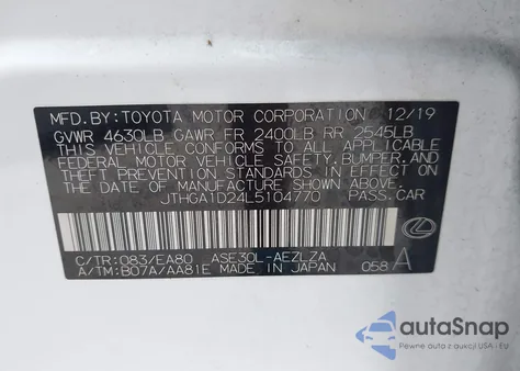 2020 Lexus Is 300 z USA, uszkodzony, nr VIN JTHGA1D24L5104770